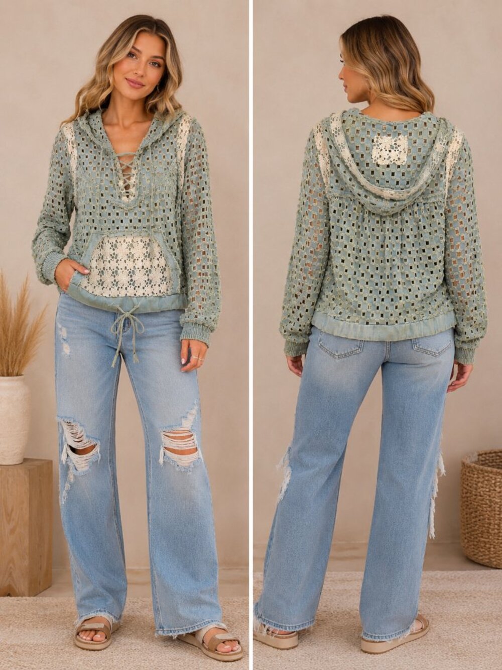 💙✨ POL Pullover Laser Cut Hoodie | Gray Blue | Size Small | Boho Cottagecore